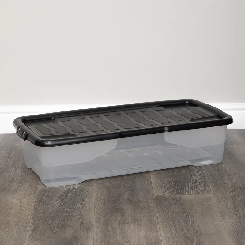 Clear Stackable & Nestable Under-Bed Storage Box – 42L with Black Lid