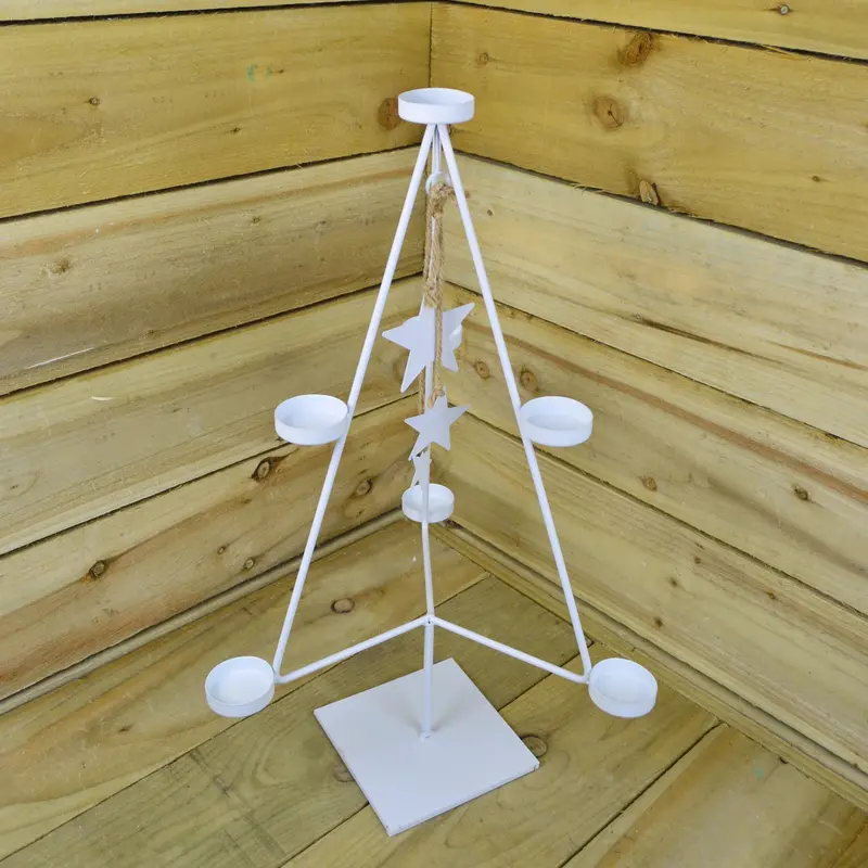 Elegant White Christmas Tree Featuring 7 Tealight Holders and Hanging Star Accents