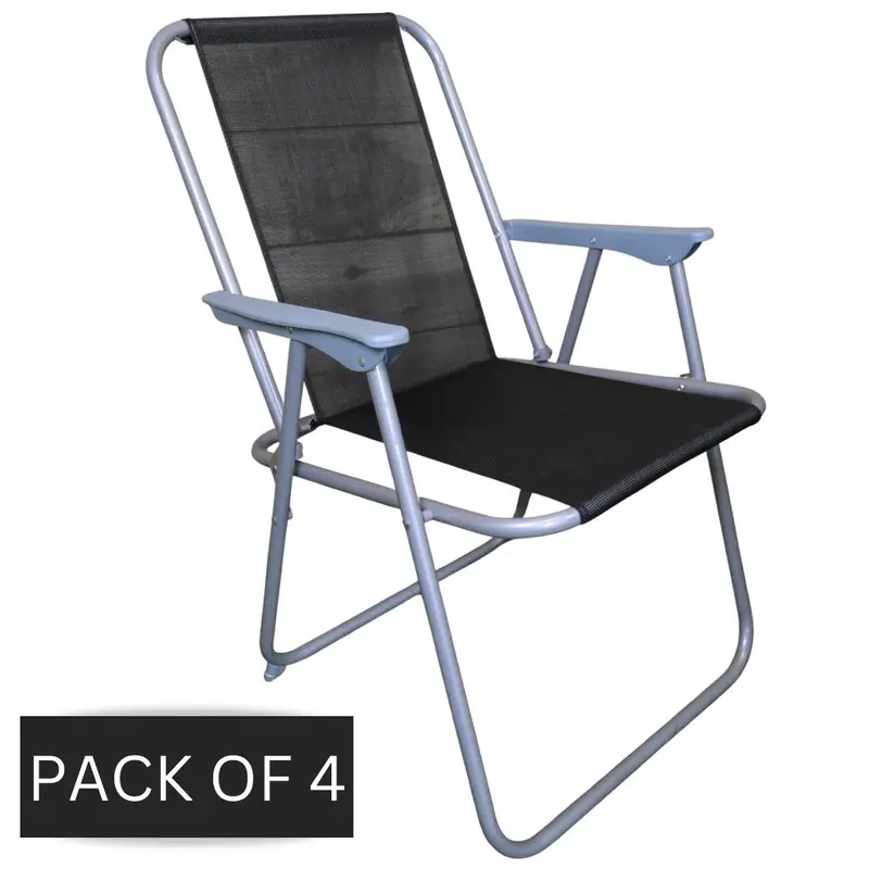 Foldable Outdoor Garden Chairs – 4-Pack with Grey Frames & Black Fabric