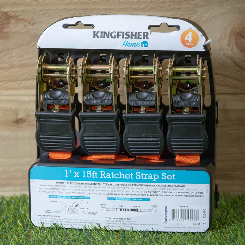 Four-Piece Heavy-Duty Ratchet Strap Kit – 1″ x 15ft Orange Straps with S-Hooks