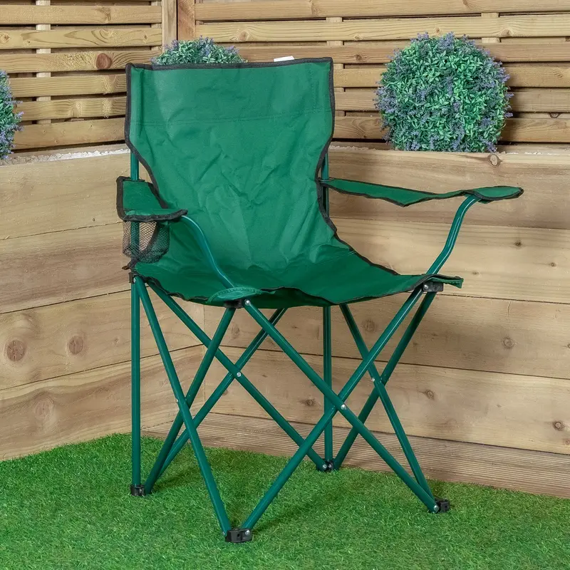 Green Folding Camping Chair with Armrests & Cup Holder – Outdoor Garden & Patio Seating