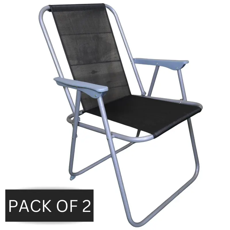 Grey-Frame Portable Garden Chairs – 2-Pack with Black Fabric Seats