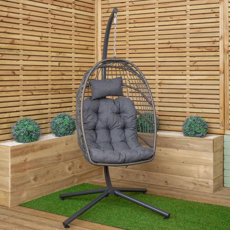 Grey Hanging Egg Chair Set with Sturdy Stand and Weather-Resistant Cover