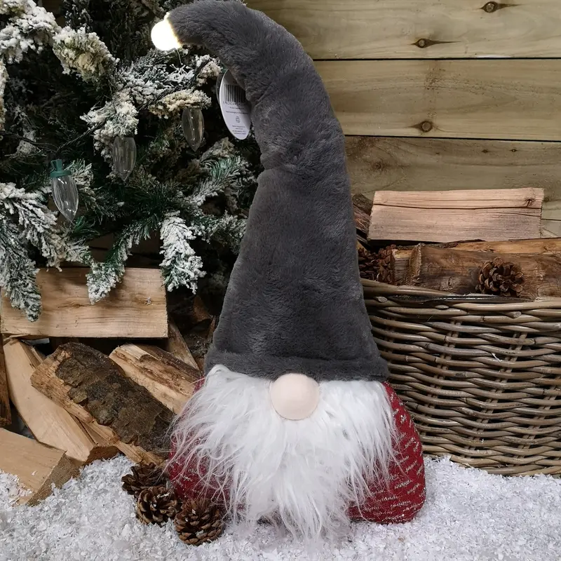 Illuminated Gonk Figurine – 60cm Festive Light-Up Decor with Grey Hat & Red Body
