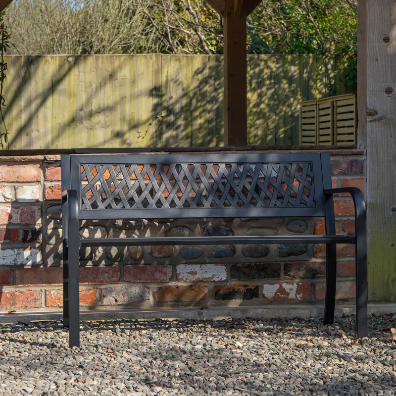 Keswick Modern 2-Person Metal Garden Bench with Lattice Backrest for Outdoor Patios