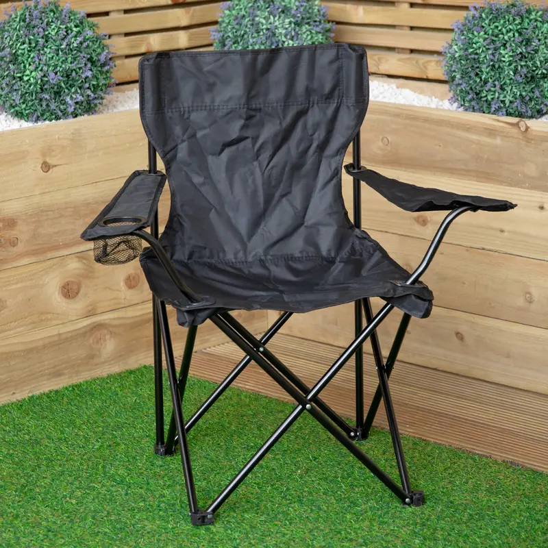Lightweight Foldable Outdoor Canvas Chair in Black – Portable Patio Seat with Cup Holder