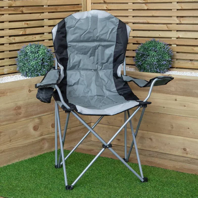 Luxury High-Back Padded Folding Outdoor Chair with Integrated Cup Holder – Grey