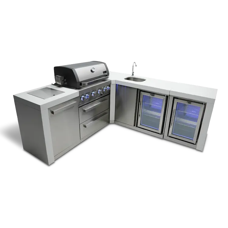 Mont Alpi MAi400-D90BEVFC – 4-Burner Corner Outdoor Kitchen Island with Beverage Center & Refrigerated Cabinet
