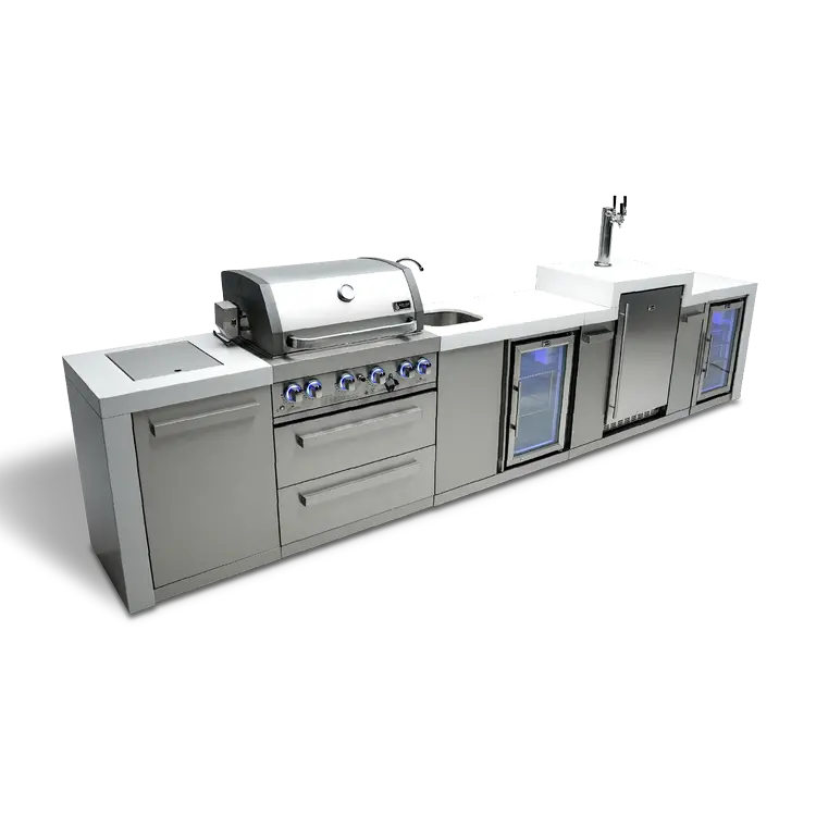Mont Alpi MAi400-DKEGBEVFC – 4-Burner Straight-Line Outdoor Island with Kegerator, Beverage Center & Fridge Cabinet