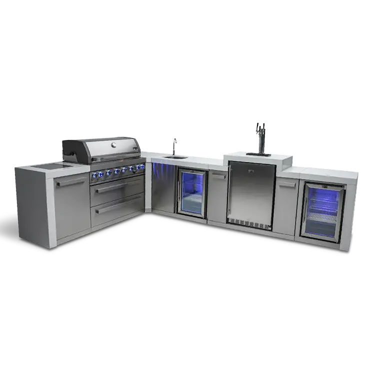 Mont Alpi MAi805-D90KEGBEVFC – 6-Burner Corner Outdoor Kitchen Island with Kegerator, Beverage Center & Fridge Cabinet