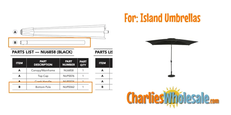 NUP0061/NUP0062/NUP0025 Replacement Bottom Pole Set – Island Umbrella Compatible