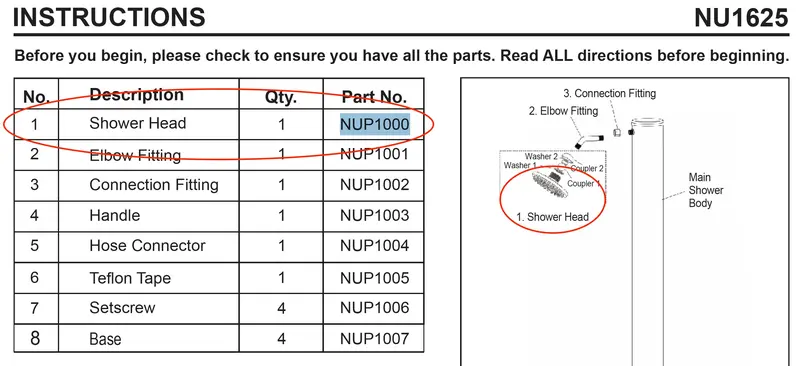NUP1000 Shower Head – Replacement Part #1