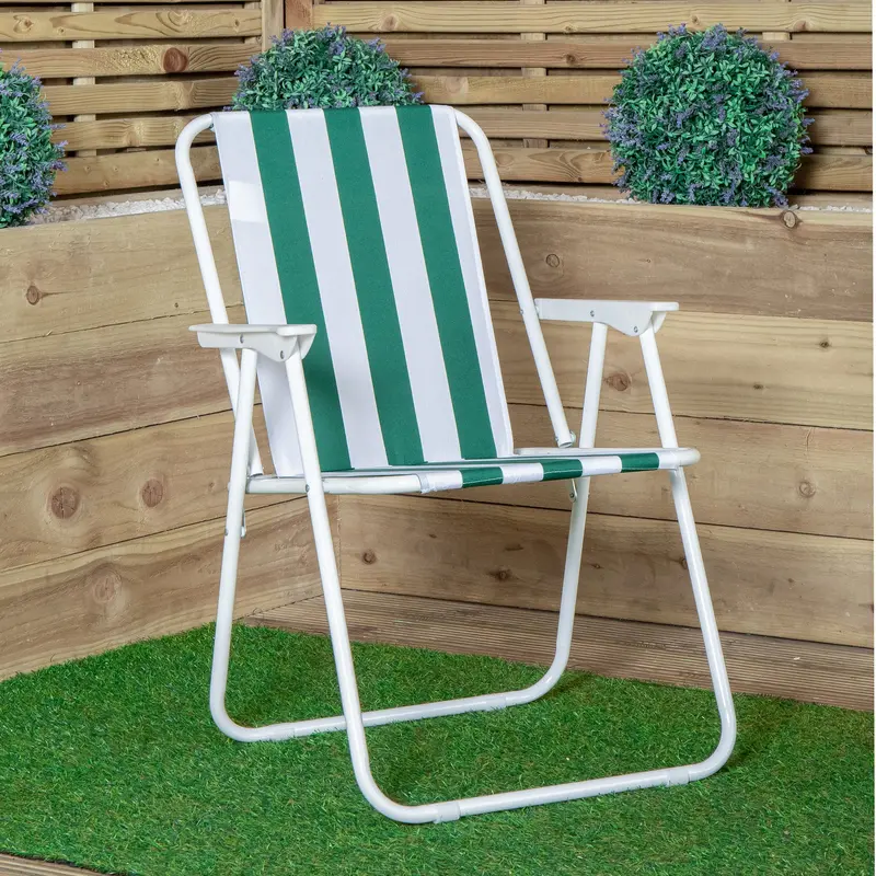 Outdoor Camping Chair in Green-and-White Striped Fabric with Comfortable Armrests