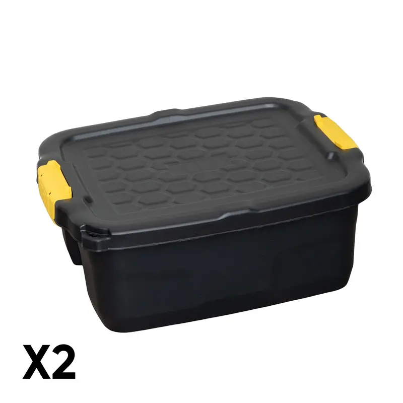 Pair of 24L Stackable, Lockable Black Storage Tubs with Secure Clips