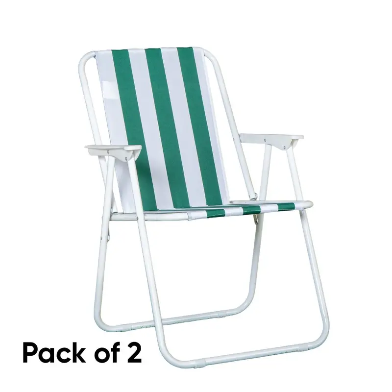 Pair of Outdoor Camping Chairs in Green-and-White Striped Fabric with Armrests