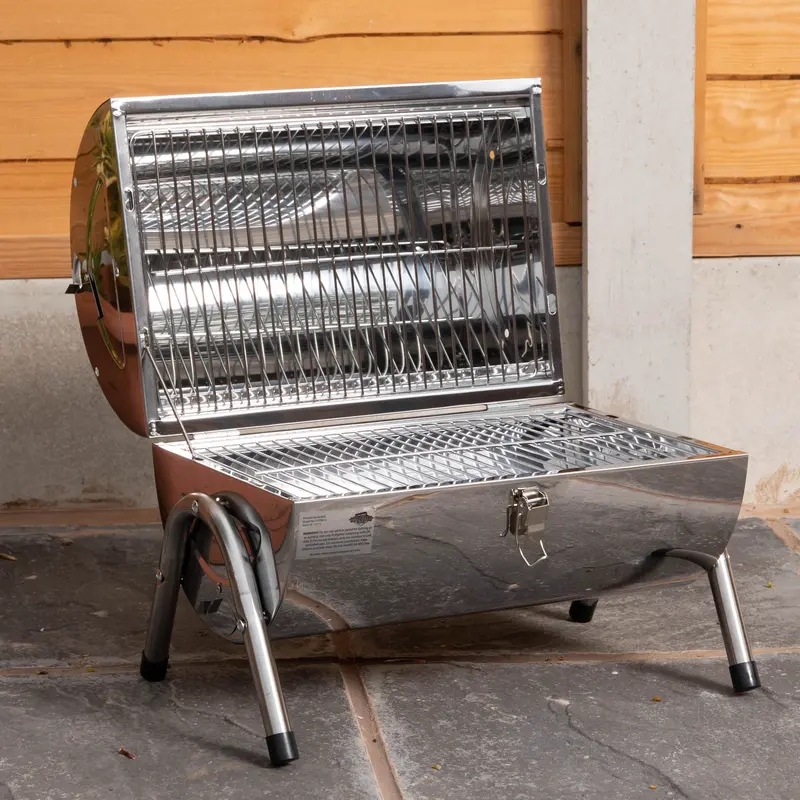 Portable Barrel-Style Charcoal BBQ Grill for Camping and Outdoor Cooking