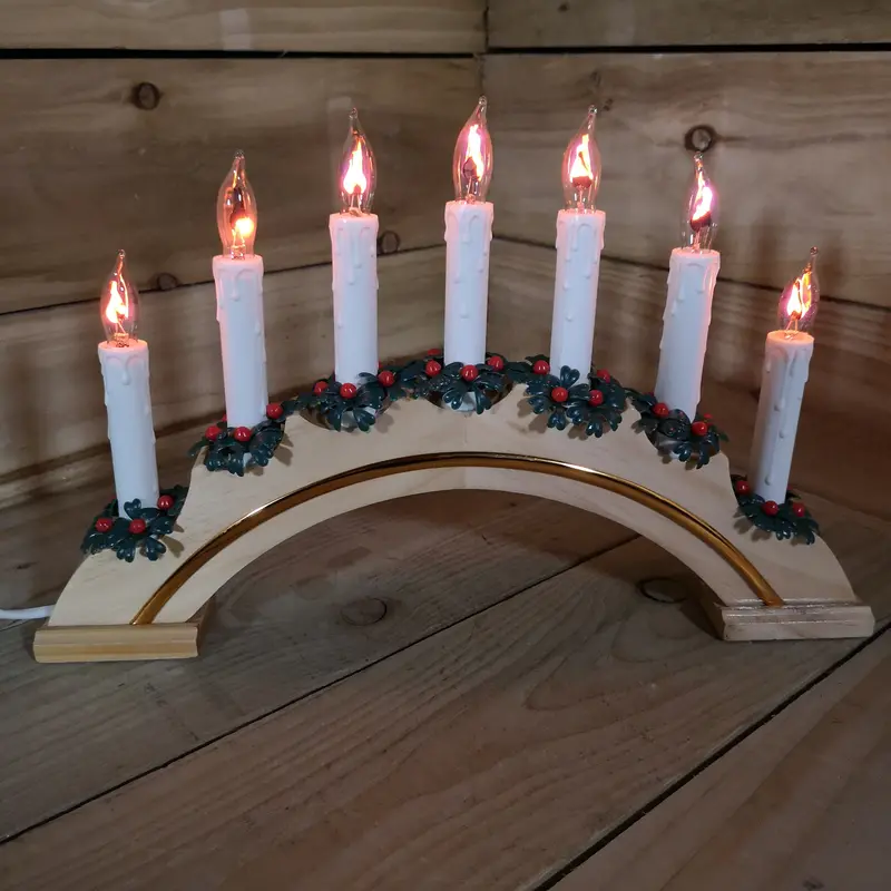 Premier Wooden Candle Bridge Arch – 7 Mains-Powered Flickering LED Candles