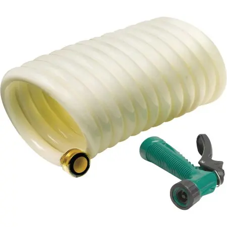 Retractable Coiled Washdown Hose with Built-In Sprayer