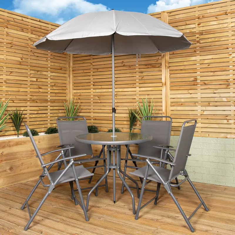 Samuel Alexander 4-Piece Grey Patio Set – Round Glass Table, Chairs & Parasol