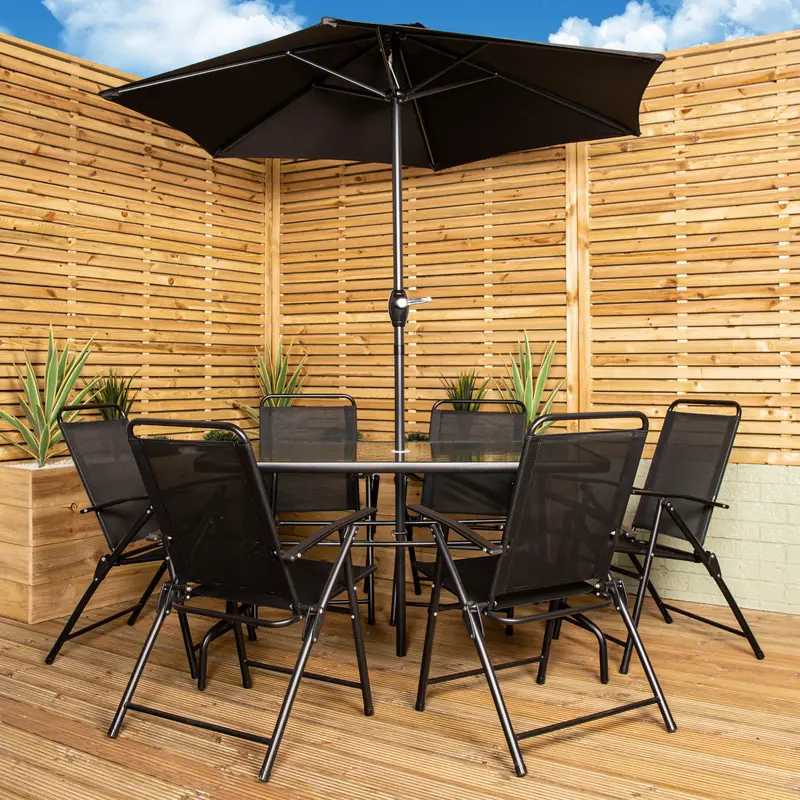 Samuel Alexander 6-Piece Outdoor Patio Set – Black Glass-Top Dining Table & Chairs with Parasol