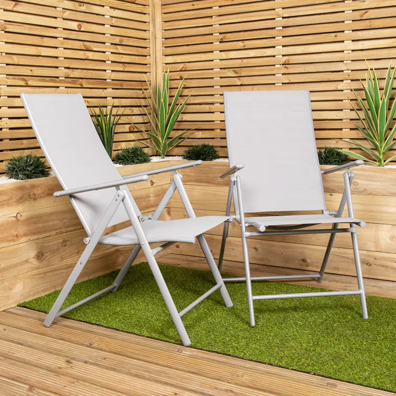 Set of 2 Adjustable Outdoor Folding Chairs – Grey Reclining Patio & Garden Seating