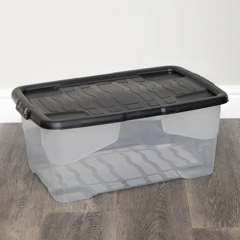 Single 42L Clear Storage Box with Black Lid – Stackable & Nestable Design