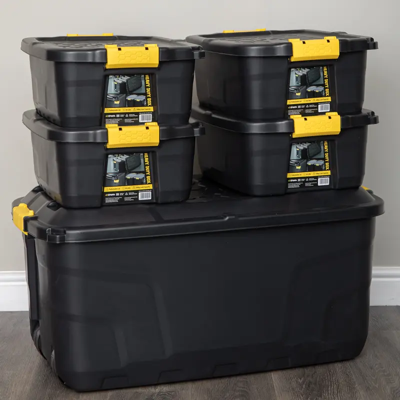 Storage Bundle: One 145L + Four 24L Lockable, Stackable Black Tubs with Clips