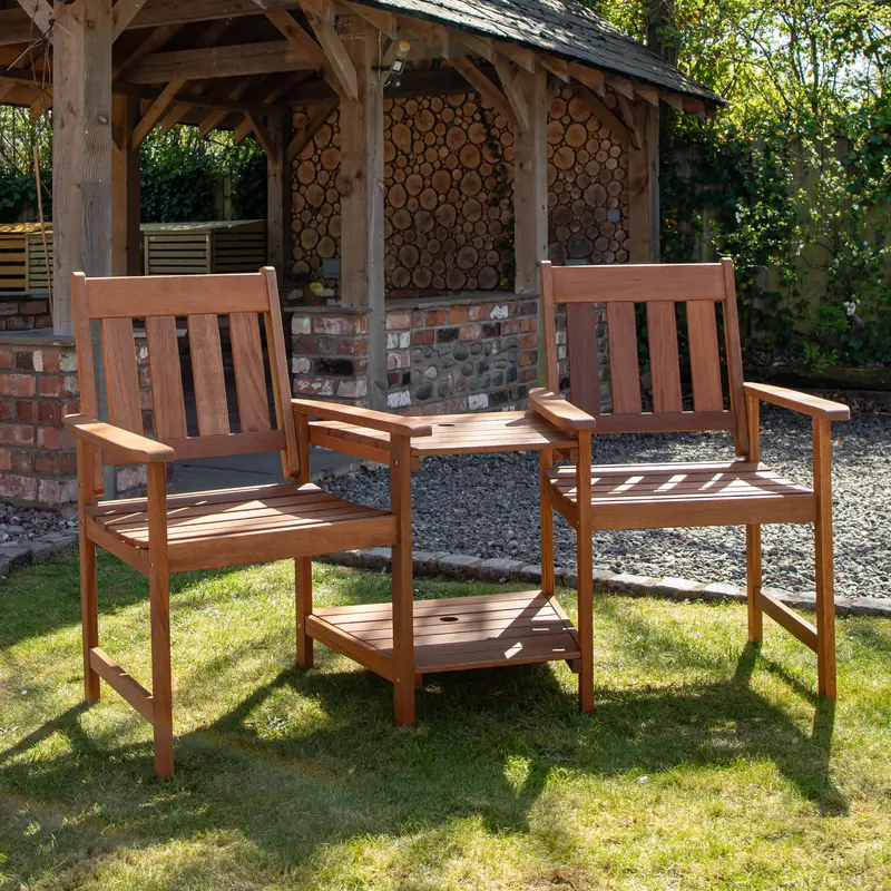 Two-Person Wooden Garden Love Seat with Integrated Table – Outdoor Patio Furniture