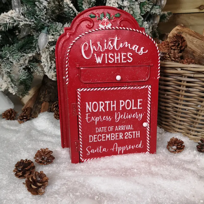 Vintage-Style Red Christmas Post Box with White Accents – 39cm Metal Santa Mailbox