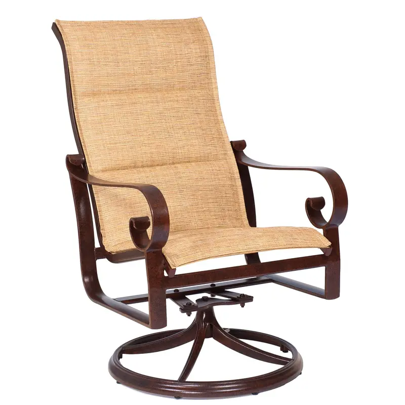 Woodard Belden Padded Sling High-Back Swivel Rocker Dining Armchair