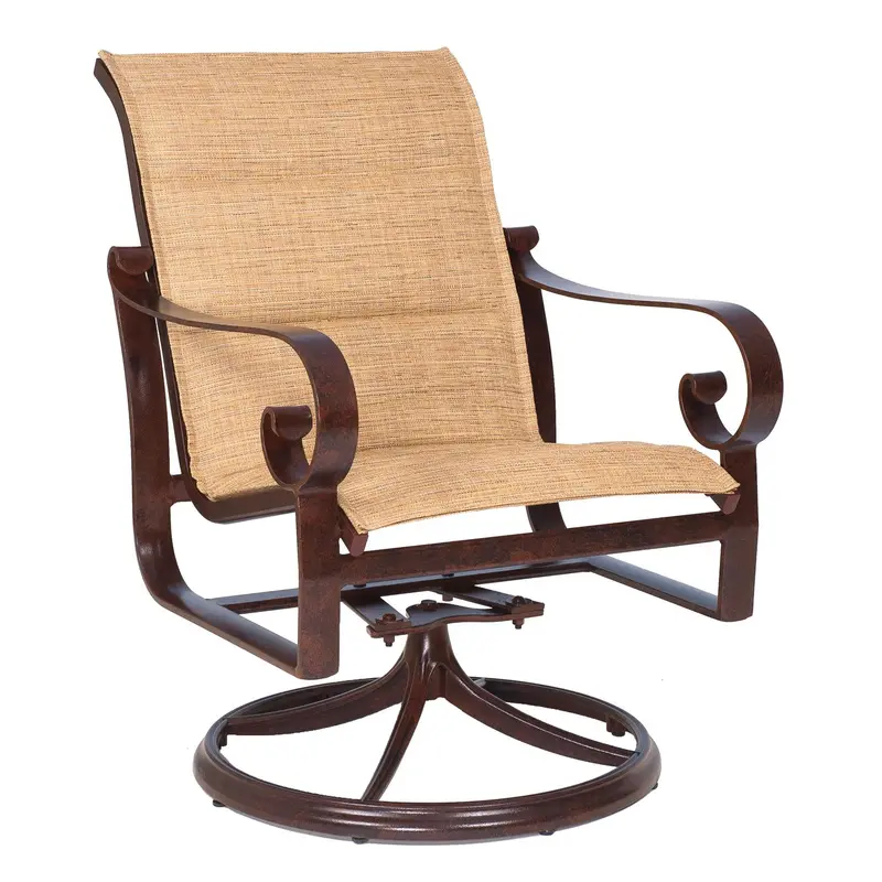 Woodard Belden Padded Sling Swivel Rocker Dining Armchair